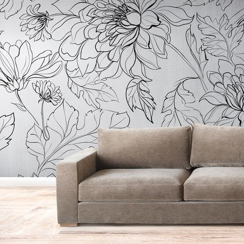 Mural Flores Y Hojas Negras Lineas