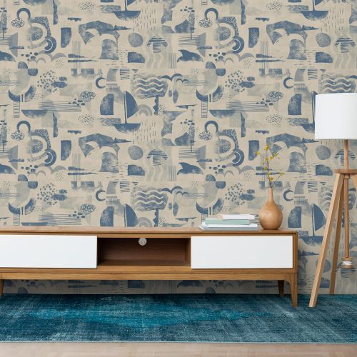 Mural Abstracto Celeste Crema