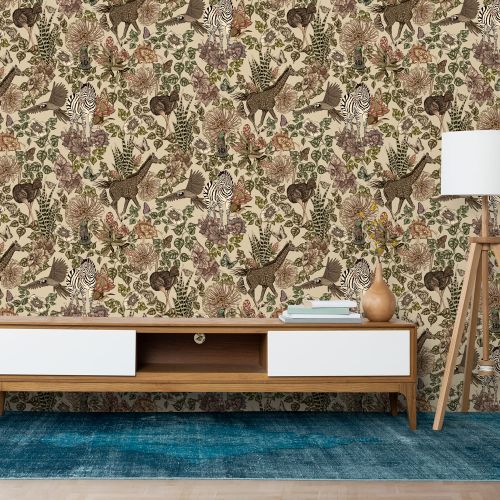 Mural Jirafa Y Cebras Marron