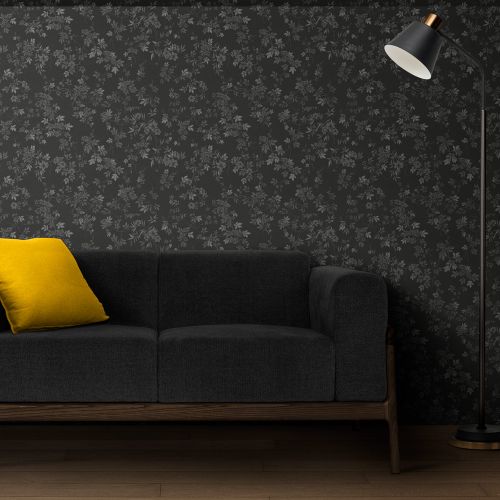 Mural Hojas Con Flores Gris Blanco