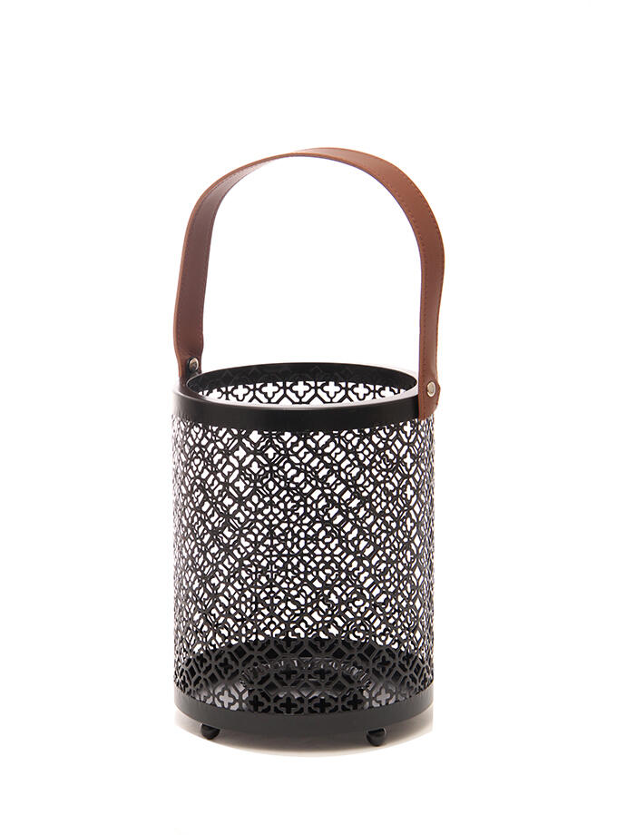 Fanal Portavela Calado Metalico Con Manija Ecocuero 20x16cm