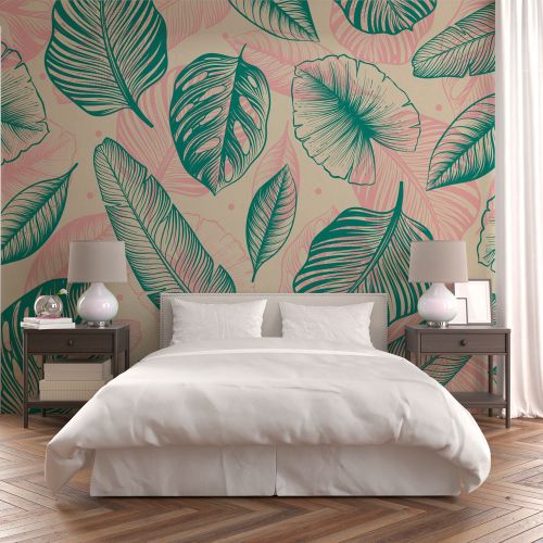 [1235] Mural Flores Verdes Y Rosa