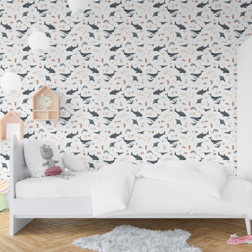 [1560] Mural Ballenas Tramas Blanco