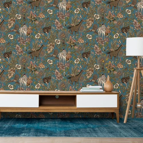 [1646] Mural Jirafa Y Cebras Azul