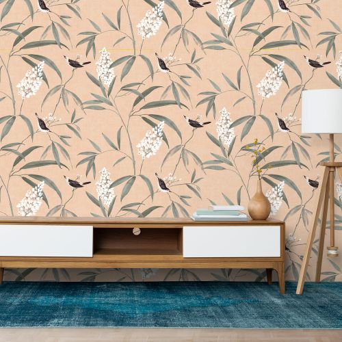 [1647] Mural Ave Con Hoja Fondo Piel