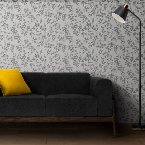 [1706] Mural Hojas Con Flores Blanco Gris