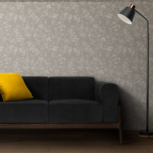 [1707] Mural Hojas Con Flores Gris Blanco