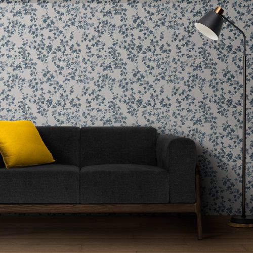 [1708] Mural Hojas Con Flores Blanco Azul