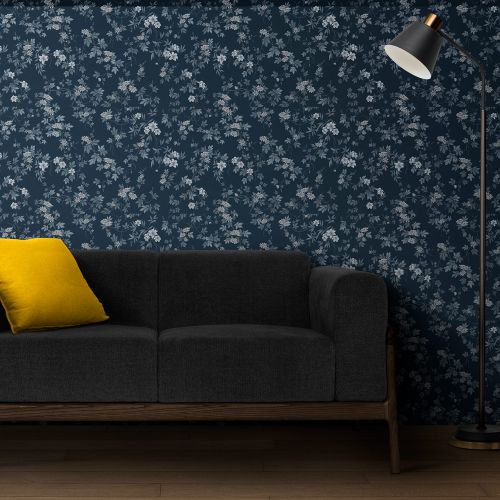 [1709] Mural Hojas Con Flores Azul Cyan