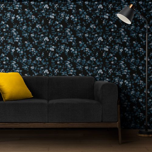 [1712] Mural Hojas Con Flores Negro Cyan