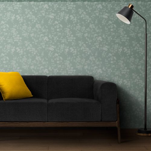 [1713] Mural Hojas Con Flores Verde