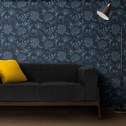 [1731] Mural Hojas Con Flores Azul