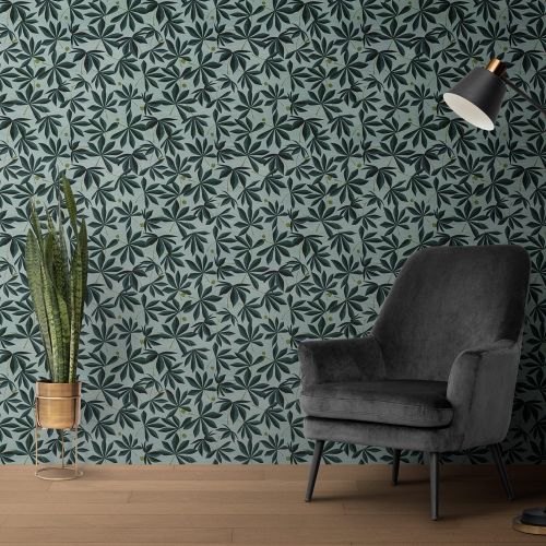 [1752] Mural Hojas Grandes Fondo Cyan