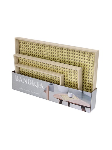 Set de 3 Bandejas de Madera con Fondo de Vidrio Ratan
